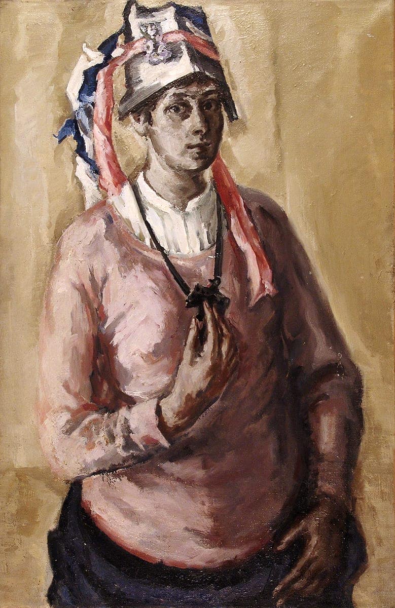 Majda Kurnik, Autoportret sa kapom od papira, ulje na platnu, 100x65